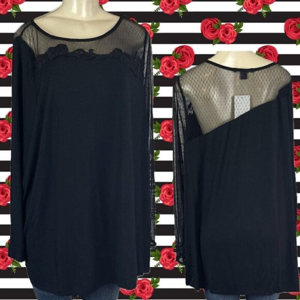 Roaman's +22/24 Black Illusion Sheer Mesh Lace Crew Neck Long Mesh Sleeve Top